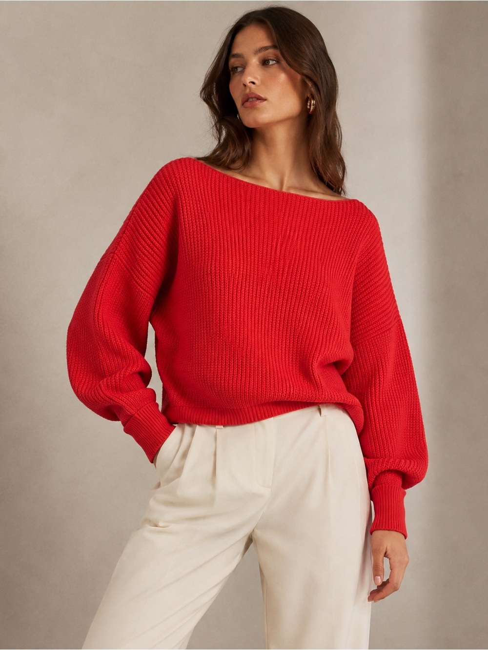 Red Boat Neck Sweater French Connection XS Cotton Knit Relax fit Oversized